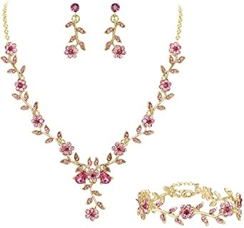 BriLove Women's Wedding Jewelry Leaf Cluster Flower Crystal Dangle Earrings Pendant Necklace Set for Bridal