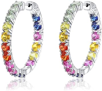 925 Sterling Silver Hoop Earrings for Women Inside-Outside Multi Gemstone Earrings Jewelry