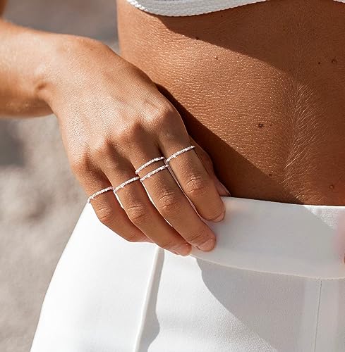 Sterling Silver Rings for Women Girl, Dainty Simple Waterproof Stackable Ring Set Thin Sparkling Finger Ring for Women Non Tarnish Trendy Statement Rings Wedding Bands Silver Jewelry Size 5-10