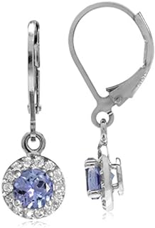 Silvershake 5MM Round Shape Birthstone Gemstone White Gold Plated or Yellow Gold Plated 925 Sterling Silver Halo Leverback Dangle Earrings Jewelry for Women Business Attire