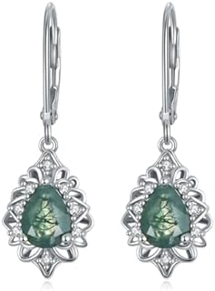 0.13 Cttw Natural Diamond Moss Agate Filigree Earrings for Women Sterling Silver Natural Teardrop Moss Agate Dangle Earrings Jewelry Gift for Her