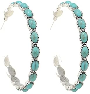 Boho Turquoise Hoop Earrings Vintage Faux Turquoise Circle Round Beaded Western Cowgirl Statement Earrings for Women Girls Ethnic Jewelry Valentine Gift
