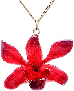Lobster Clasp 22k Gold Orchid Pendant Necklace, Cable Chain, Handcrafted in Thailand for Ladies, Floral Design