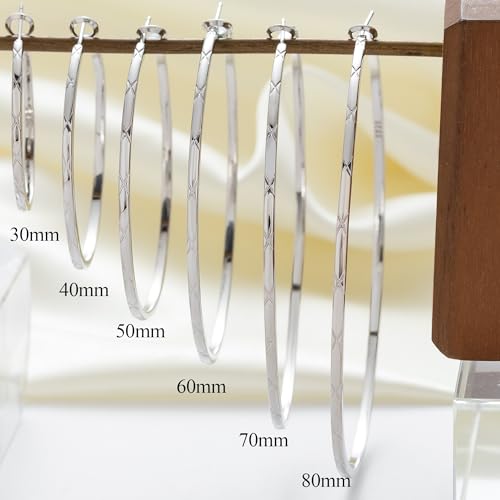 2mm Thin Silver Hoop Earrings for Women Criss Cross Sterling Silver Post Hoop Earrings Hypoallergenic Large Silver Hoops Lightweight Big Silver Hoops 30/40/50/60/70/80mm