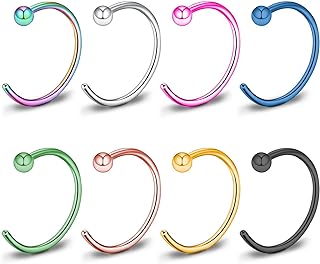 8PCS Nose Rings Hoop for Women, Titanium Piercing Body Jewelry, 18G Nose Rings Piercing 2mm Ball Top, 20 Gauge Men Half Nose Ring, 8mm/10mm Gold/Silver/Black/Rose Gold/Rainbow/Pink/Blue/Green