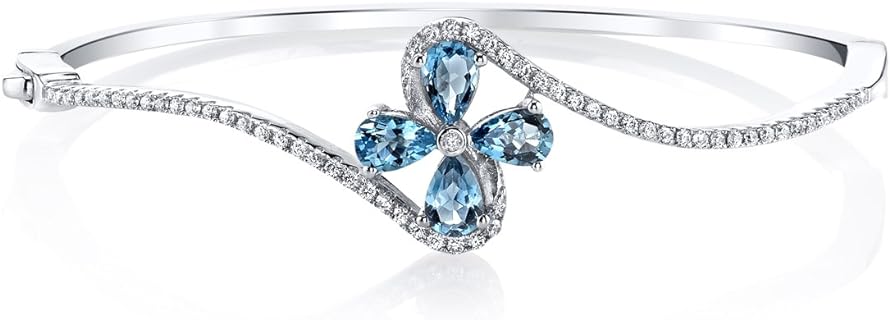 Peora 925 Sterling Silver Box Chain London Blue Topaz Daisy Bangle Bracelet for Women with Fancy Clasp and Pear Shape Design, 2 Carats, 2.25 inches diameter