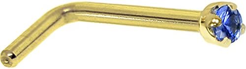 Genuine Blue Sapphire L-Shaped Nose Stud in Solid 14k Yellow Gold with Secure Bezel Setting, Handcrafted in USA