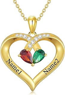 MRENITE 10K/14K/18K Solid Gold Personalized Mom Necklace with 1-4 Birthstone Customized Name Heart Necklace Engraved Names for Mom Wife