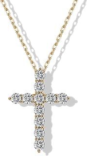 Sterling Silver 14K Gold Plated Moissanite Cross Pendant Necklace with Crisscross Chain for Men and Women, Dainty Design