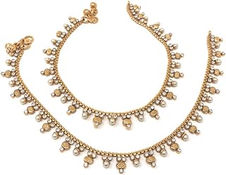 Duel On Jewel Indian Gold Plated Chain Payal Bells Anklet Pair for Women in Pearls and Zircon - Wedding Party Beach Gift