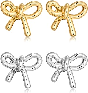 2-Piece Gold-Plated Bow Butterfly Stainless Steel Stud Earrings with Ribbon Design and Push Back for Women, Ideal Gift Set