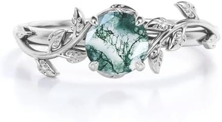White Gold Blocaci Natural Moss Agate Engagement Ring in Platinum Plated Silver or 10K/14K/18K Gold with Text Engraving Option