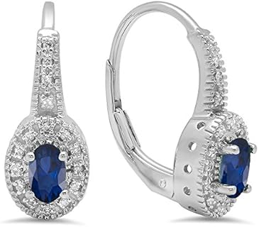 Lever-Back Sapphire and Diamond Hoop Earrings - 10K White Gold Chain for Ladies - Halo/Millgrain Design