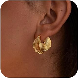 14K Yellow Gold Plated Push Back Hoop Stud Dangle Earrings for Women - Elegant Retro Geometric Design, Lightweight and Hypoallergenic Trendy Jewelry Gifts