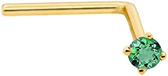 Jewelry Avalanche 22G Solid 14Kt Gold L-Shape Nose Stud with real Emerald Gemstone, 14kt Yellow Gold or 14kt White Gold Prong Setting - May Birthstone Nose Ring