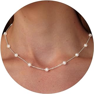 Women's GUOKE Silver Pearl Pendant Necklace with Lobster Clasp and Cable Chain - 14K Gold Plated Brass, 16.5 inch Length