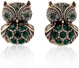 Rofeego Owl Antique Stud Earrings / Gifts for Owl Enthusiast / Pave Green Crystal