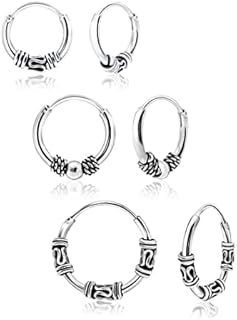 Hoops & Loops 925 Sterling Silver Set of 3 Pairs 10mm, 12mm & 14mm Bali and Bali Bead Endless Hoop Earrings for Women Teen Girls Men | Silver, Yellow & Rose Gold