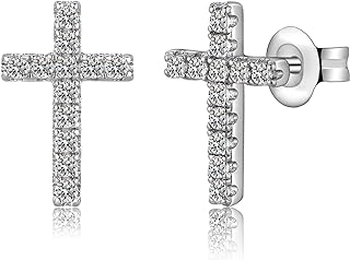 Push Back Sterling Silver Cross Stud Earrings with Cubic Zirconia for Men and Women - Hoop Design