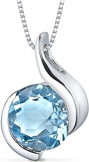 PEORA Swiss Blue Topaz Open Bezel Wave Pendant Necklace for Women 925 Sterling Silver, Genuine Gemstone Birthstone, 2.25 Carats Round Shape 8mm, with 18-inch Chain