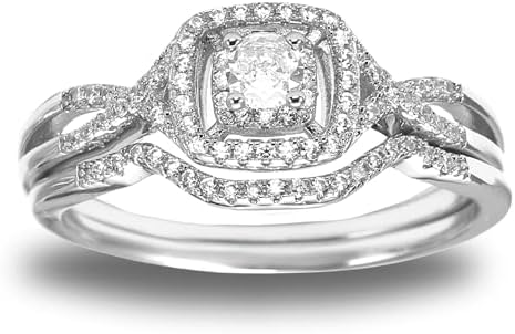 Square Halo CZ Engagement Rings for Women Set Plated 14 kt Gold Wedding Rings for Women by Ginger Lyne | Cubic Zirconia Bridal Rings Sets for Her | Half Eternity Wedding Band