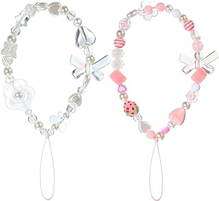 LEIFIDE 2 Pcs Phone Charms Strap Beaded Phone Strap Pink Cute Phone Charms Aesthetic Love Phone Lanyard Wrist Strap Beaded Phone Keychain Charm for Women Girl Gifts