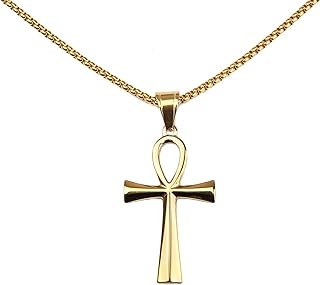 Stainless Steel Yellow Gold Plated Ankh Cross Pendant - Lobster-Claw-Clasp Chain Necklace for Men and Women, 23.6 Inch