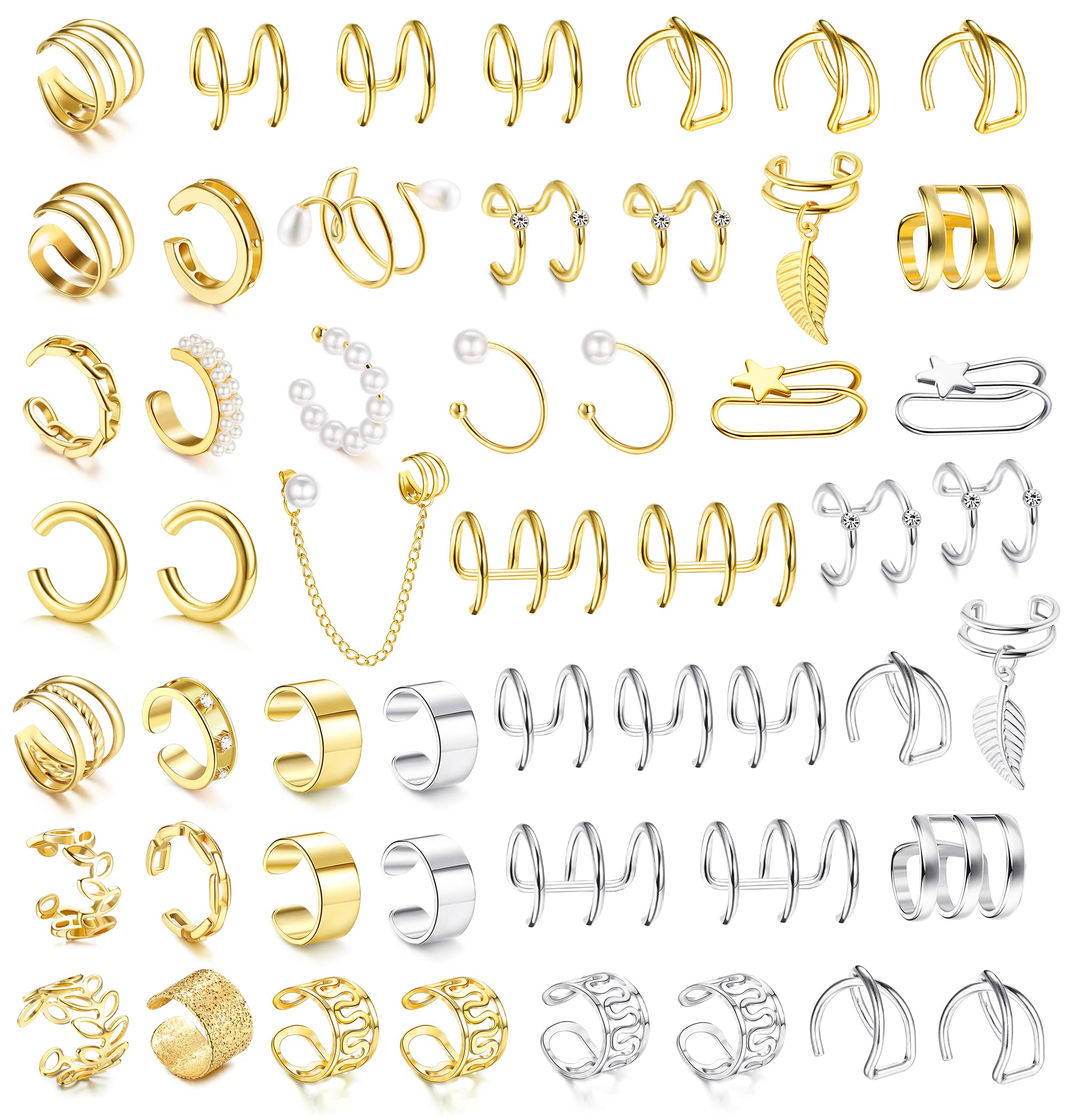 Dochais 52 Pcs Ear Cuff, Helix Cartilage Clip on Earrings Ear Cartilage Clip on Wrap Earrings Ear Cuffs for Women Men Non Piercing Ear Piercing Fake Earrings Set(Gold/Silver)