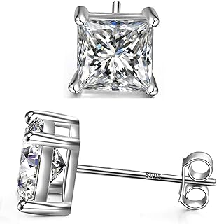 925 Sterling Silver Stud Earrings 4 Prong Princess Cut Square Cubic Zirconia Ear Stud for Women Men Girl CZ 4mm-7mm