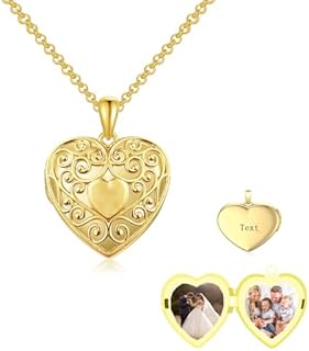 10K 14K 18K Solid Gold Heart Locket That Holds Pictures Pendant Personalized Sunflower/Cross/Hummingbird/Elephant/Cat/Paw Locket Necklace for Women Wife Mother Daughter Grandma Gifts