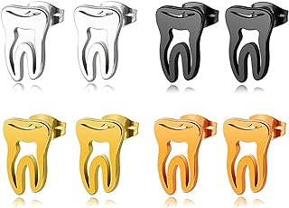 ONLYJUMP 4 Pairs Stainless Steel Earrings Funny Earrings Punk Tooth Stud Earrings Set for Women Girls Personalized Minimalist Punk Earrings Fashion Statement Jewelry Gift Doctor Nurse