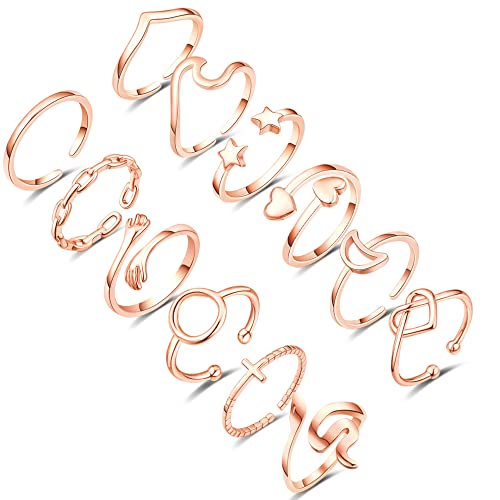 12Pcs Adjustable Rings for Women Cute Star Moon Heart Wave Snake Ring Set Thumb Knuckle Stackable Rings Band Jewelry