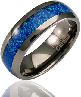 Custom Engraved Gunmetal Tungsten Wedding Ring for Men, Blue Opal Inlay Design by 100S JEWELRY, Sizes 6-16