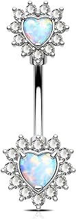 OUFER 14G Belly Button Rings, 316L Surgical Steel Belly Rings, Double Heart Cubic Zircon Filigree Opal Navel Rings Belly Piercing Jewelry For Women And Men