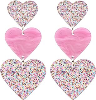 Pink Heart Earrings for Women,Double Heart Drop Earrings Y2K Lover Heart Dangle Earrings Beach Acrylic Candy-colored Earrings Valentine's Day Jewelry Gift