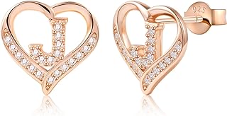 925 Sterling Silver Cubic Zirconia Initial & Heart Stud Earrings for Women & Girls, Push Back Design, Silver Tone - Perfect Gift for Birthdays or Valentine's Day