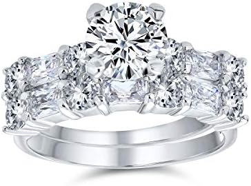 Personalized Traditional AAA CZ Baguettes Side Stones 2CT Square Princess Cut or Round Brilliant Solitaire Anniversary Engagement Wedding Band Ring Set For Women .925 Sterling Silver Customizable