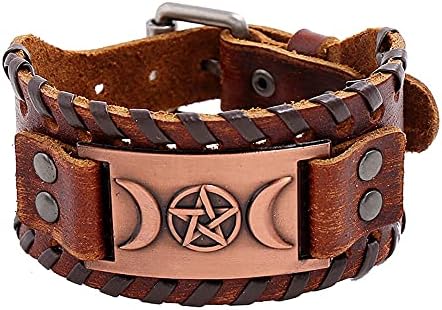 Easy Hook Vintage Copper Cuff Bracelet with Box Chain, Accentuated with Triple Moon Goddess Wicca Pentagram Design, Ideal for Men, Leather Material with Adjustable Size