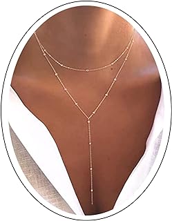 MIFYNN Dainty Lariat Necklace for Women 14k Gold Long Necklace Layered Y Shaped Necklace Beaded Chain Necklace for Women Girls Jewelry Gift