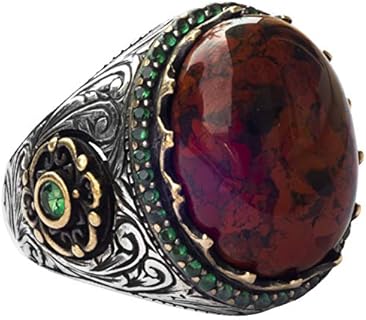 925 Sterling Silver Solitaire Men's Ring with Natural Bloodstone Gemstone, Handcrafted Byzantine Design - Size 11