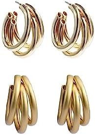 2 Pairs Chunky Triple Open Hoop Earrings Lightweight Split Multi Tube Stud Earrings for Women