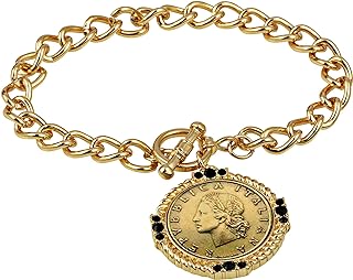 American Coin Treasures Italian 20 Lira Coin Toggle Charm Bracelet - Italian 20 Lire Goldtone Toggle Bracelet with Faceted Round Jet Glass Stones- Italian Medallion Bracelet