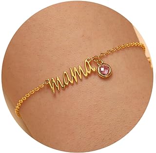 C-Chain Clasp, Mother's Pink Tourmaline Birthstone Charm Bracelet, Ideal Gift for Mom, Gold Mama Design in Brass