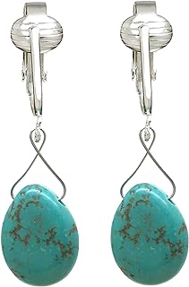 Trendy Turquoise Clip On Earrings for Women - Authentic Turquoise Dangle Teardrop, Cube and Briolette Clip-on Earrings with Pierced Look