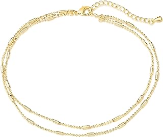 Pencros Dainty Layered Anklet,14K Gold Filled Cute Beads Satellite Chain Heart Boho Adjustable Anklets for Women Teen Girls