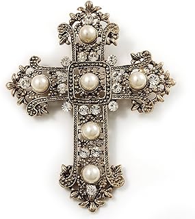 Large Victorian Filigree Imitation Pearl Crystal Cross Brooch (Antique Gold)