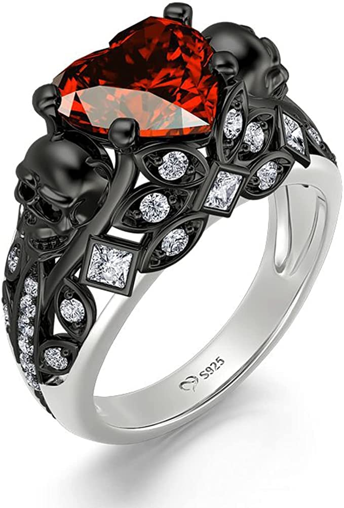 Jeulia 2.55ct Skull Engagement Ring Sets Sterling Silver Heart Cut Red Diamond Ruby Rings Cubic Zirconia Wedding Promise Anniversary Romantic Jewelry for Women Grils Bridal with Gift Box