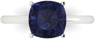 Cushion Cut Solitaire Blue Sapphire Engagement Ring by Clara Pucci for Women - 14k White Gold
