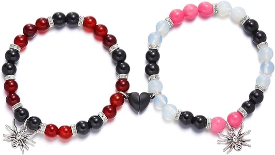 Spider Bracelets for Couple Friendship Bracelets Spider Matching Bracelets Spider Friendship Bracelets Heart Energy Stone Bracelets Relationship Promise Bracelet Elastic Stretch Beaded Bracelets BFF Bracelet for Women Girls Halloween Party Jewelry Valentines Gift