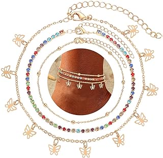 Spring Ring Clasp Rainbow Anklet with Bead Chain and Crystal Gems for Women with Butterfly Design - CEALXHENY Summer Beach Foot Jewelry Set